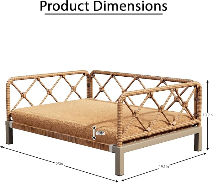 Elevated Indoor & Outdoor Dog Bed for Small Dogs, Durable Rattan Wicker Pet Sofa with Removable Washable Waterproof Cushion, Stylish Dog Couch, Brown