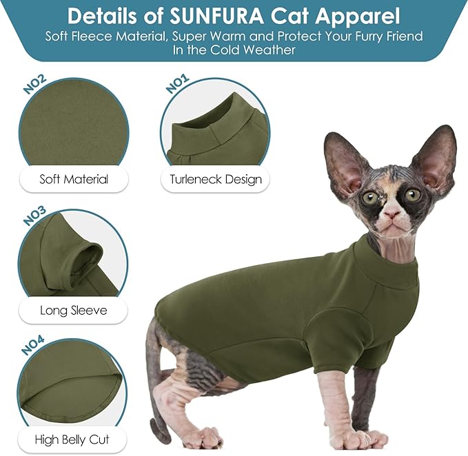 SUNFURA Turtleneck Sweater for Cat, Sphynx Cats Shirt Hairless Cat Sweaters with Sleeves, Warm and Soft Kitten Pullover Fleece Winter Pajamas Jumpsuit for Puppy Cats, ArmyGreen XL