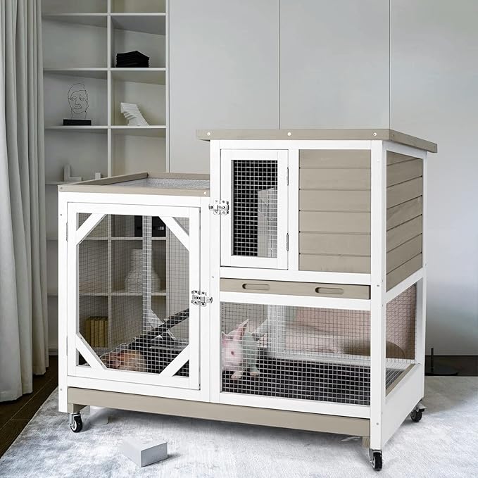 Rabbit Hutch Cage Outdoor and Indoor Bunny Hutch on Wheels with Two Deeper No Leak Trays, Guinea Pig Cages Rabbit House (Matcha Color)