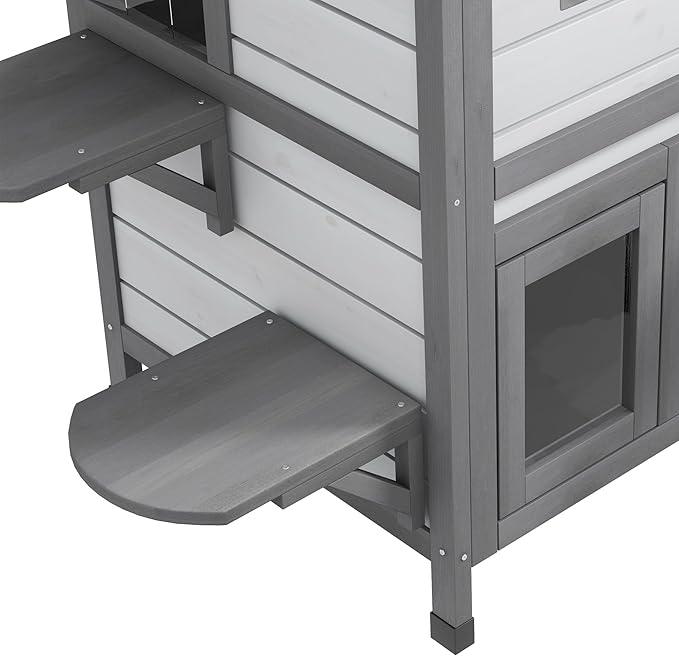 PawHut 2-Story Cat House Outdoor, Weatherproof Wooden Cat Enclosure for Feral Cats with Escape Door, Openable Roof, Jumping Platforms, White