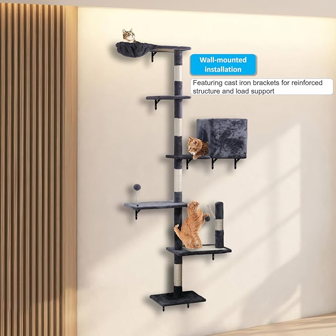 Cat Shelves for Wall,5-Tier Carpet Cat Climbing Tower with Scratching Post,Platforms，Dangling Balls,Condo，Suit for Cats Climb, Jump, Nap, Scratch-Dark