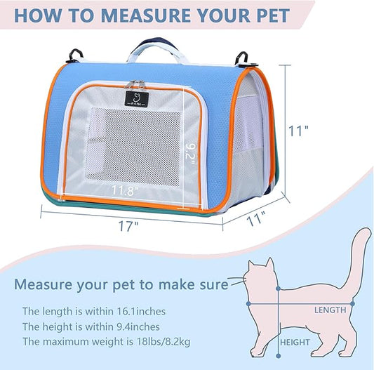 A4Pet Pet Carrier Airline Approved, Suitable for Cats, Puppies Under 18 lbs, Easy On The Go, Easy to Stow, Soft-Sided Pet Travel Carrier, 17" L x 11" W x 11" H, Blue & Orange