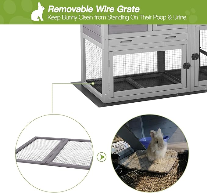 Gutinneen Rabbit House Indoor Outdoor Rabbit Hutch with Ventilation Door,Wooden Bunny cage with No LeakageTray, Removable Bottom Wire Mesh & PVC Layer,Chicken Coop UV Panel