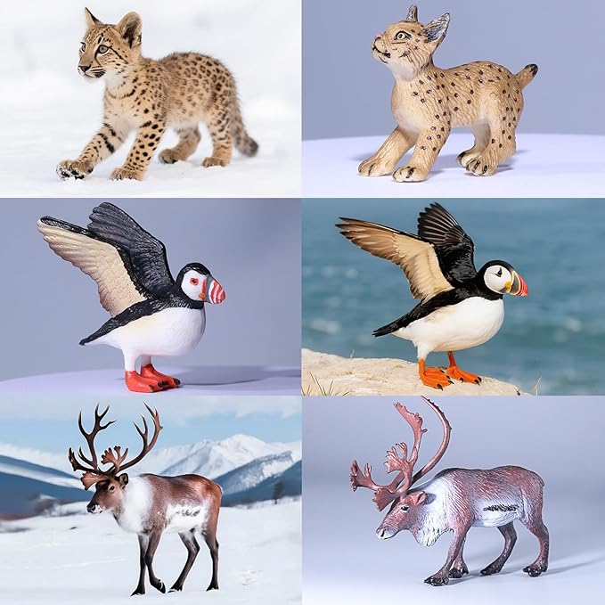 SIENON 60Pcs Arctic Animal Toy Set Includes 23Pcs Mini Polar Animals with Polar Bear, Penguin, Caribou, Puffin, Lynx, 1pc Igloo, 4Pcs Pine Trees, 32Pcs Fake Ice Rocks for School Project Cake Toppers