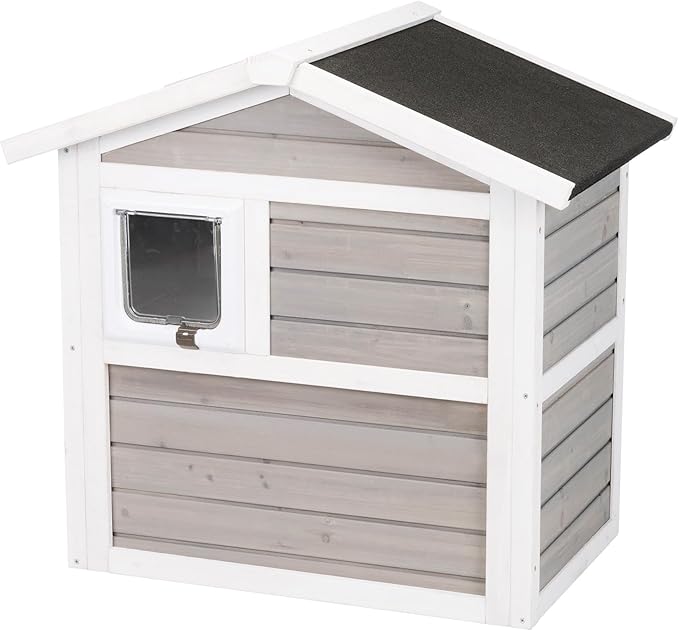 TRIXIE Insulated Outdoor Cat House, Weatherproof 2-Story Cat Home with a Ramp, 2 Covered Openings, Spacious Outdoor Shelter to Rest and Play with, Pewter & White Fir Wood
