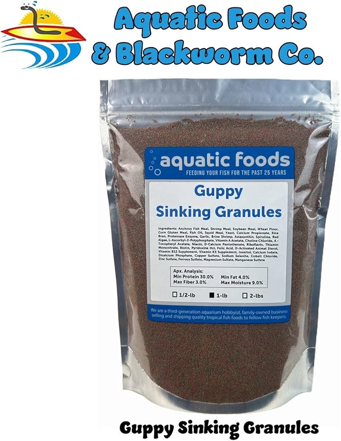 Aquatic Foods Inc. Guppy Micro Sinking Granules, Color Enhancing and Spirulina Mix for Guppies, Tetras, All Baby Cichlids...WL…1-lb Foil Pouch Bag