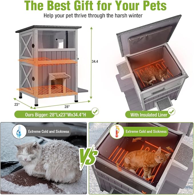 GUTINNEEN Heated Cat House, 2-Story Outdoor Cat House, Heated Cat Houses for Outside Cats with Heater and Insulated Liner