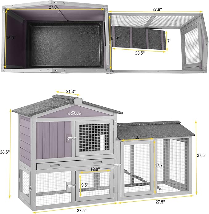 Aivituvin Rabbit Hutch Indoor Bunny Cage Outdoor Chicken Coop Rabbit House Bunny Hutch with Deeper Plastic Tray (Grey02 -one Set)