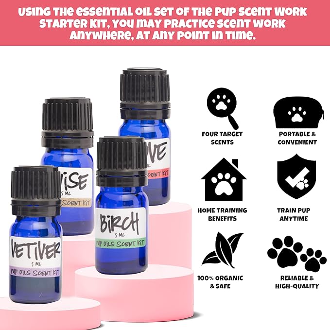 Ink Oil - Pup Scent Work Starter Kit I Dog Scent Training Kit I Complete Nose Scentwork - Anise, Birch, Clove & Vetiver Flavour I Portable Small Aid Kit for Pet Home Trainer - Pure Essential Oils Sets