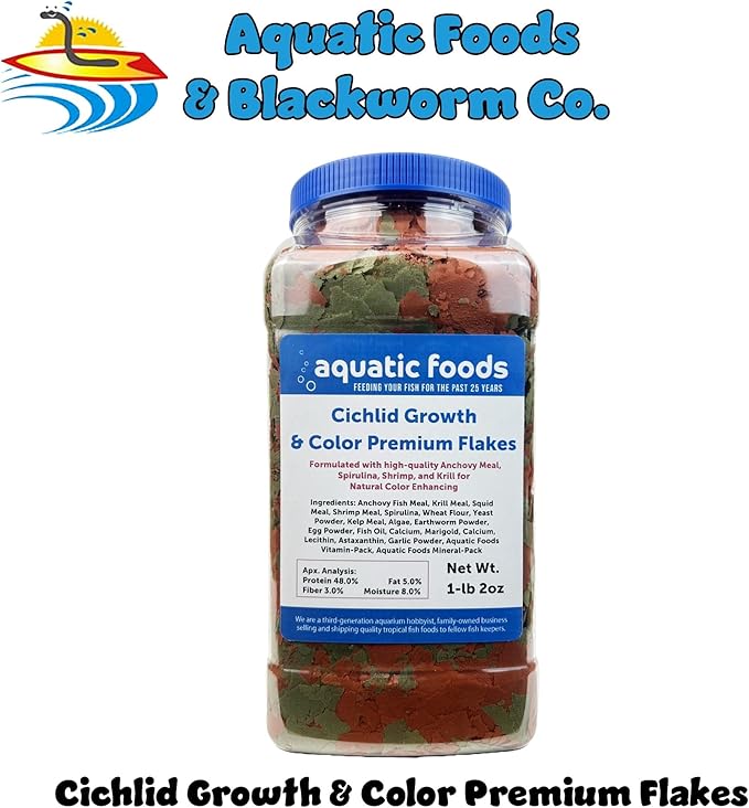 Aquatic Foods Inc. Cichlid Growth & Color Enhancing Flakes for Cichlids, Discus, All Tropicals. Aquatic Foods Premium Flakes…1-lb 2oz Lg Jar