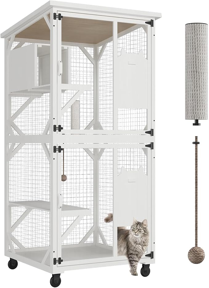 ROOMTEC Catio Outdoor Cat Enclosure - Large Wooden House with Roof, 71" H, 3 Jumping Platforms & 1 Napping House for Cats (White)