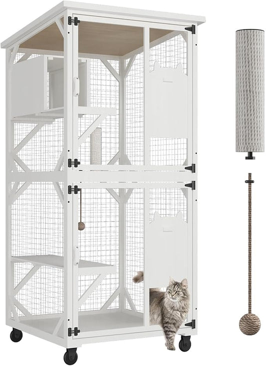 ROOMTEC Catio Outdoor Cat Enclosure - Large Wooden House with Roof, 71" H, 3 Jumping Platforms & 1 Napping House for Cats (White)