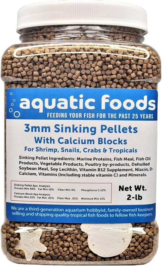 Aquatic Foods Inc. Calcium Blocks Included in These 40% Protein 3mm Sinking Pellets for Shrimp, Snails, Crabs, Catfish, Plecos for All Tropical Fish. Pellets by Zeigler…2-lb Med Jar