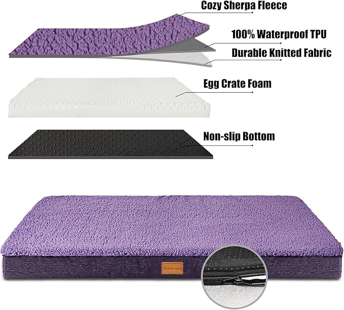 Patas Lague Orthopedic Dog Bed for Small Dogs 20''X15'', Soft Waterproof Egg Crate Foam Small Pet Crate Beds Mat with Removable Washable Cover and Non-Slip Bottom, Purple