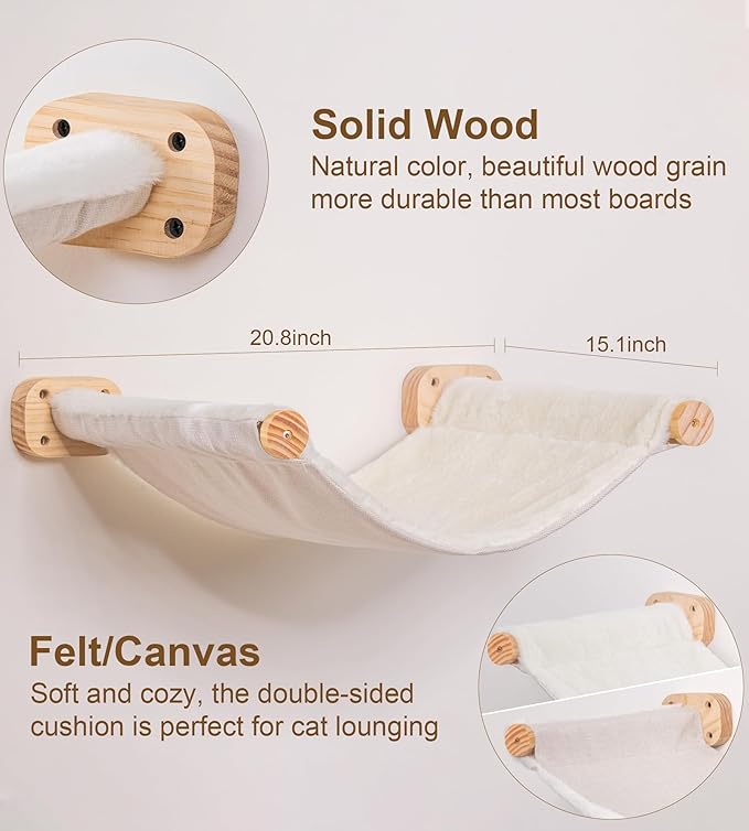 Cat Wall Hammock Set of 4 – 1 Floating Fabric Hammock, 2 Ladders with 4 Steps Each & 1 Flat Shelf – Wall Mounted Cat Bed Furniture Indoor Playground