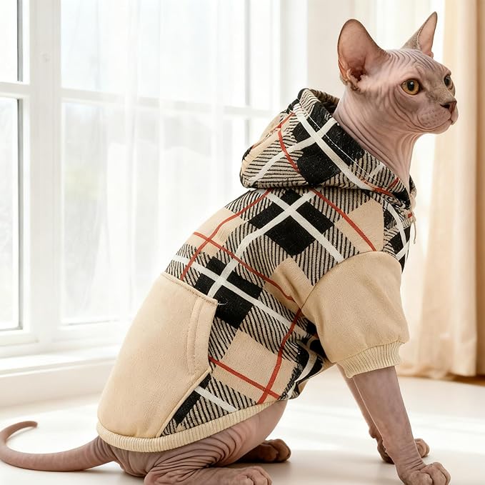 EXPAWLORER Plaid Cat Hoodie - British Style Warm Cat Sweater Shirt with Leash Hole,Pet Clothes Outfits,Winter Coat Apparel for Puppy Cats Girl Boy-Kitten Apparel,Beige M