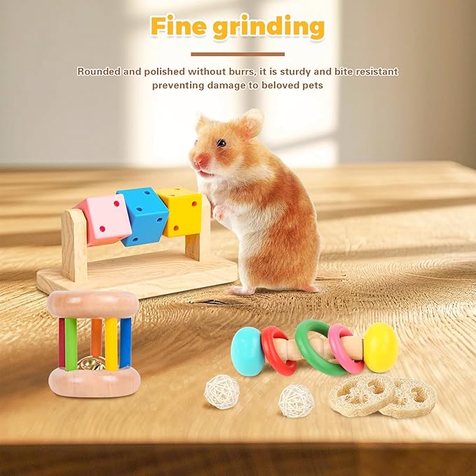 7 Pcs Wooden Hamster Toys,Hamster Chew Toys,Safe Eco-Friendly Rabbit Toys,Wooden Small Animal Cage Accessories, Bite-Resistant Guinea Pigs for Small Animals Playing Teeth Grinding Indoor