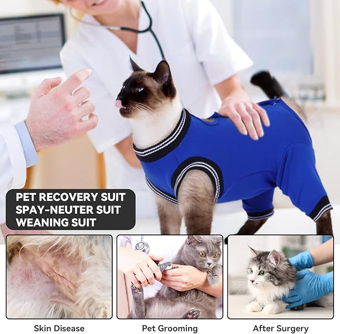T'CHAQUE Cat Surgery Recovery Suit for Female Male, Cat Onesie Pet Surgical Pajamas Hind Legs Long Sleeve, Abdominal Wound Skin Diseases, E-Collar Alternative, Spay/Neuter Recovery Suit, RoyalBlue-L