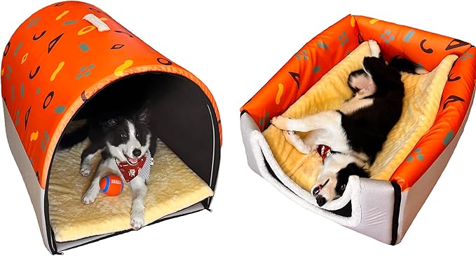 Dog Bed,2 Ways to Use,Indoor Pet House with Fluffy Mat,Removable and Washable Cover,Splash-Proof House and Non-Slip Bottom,for Large Dogs(XL Orange & Gray)