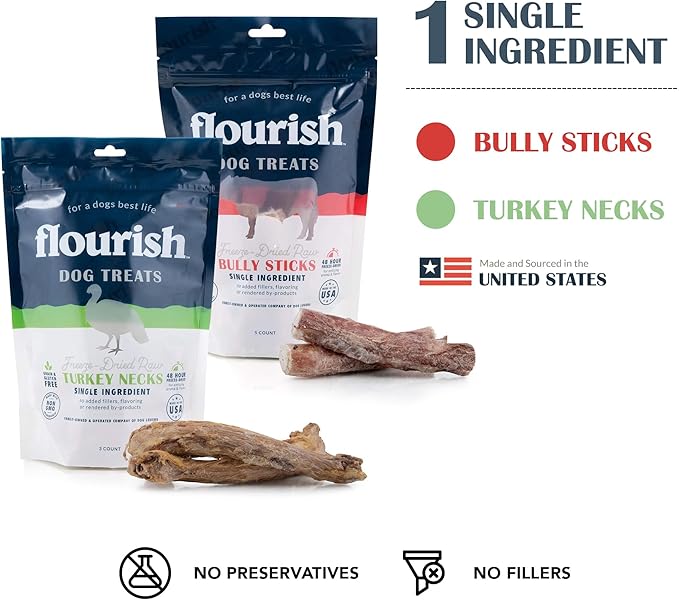 Flourish Pets Freeze Dried Raw Pet Treats for Dogs (Turkey Necks & Bully Sticks, 2-Pack)
