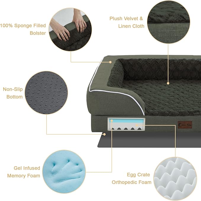 Orthopedic XXL Dog Bed for Extra Large Dogs, Waterproof Memory Foam Dog Beds with Sides, Egg-Crate Foam and Non-Slip Bottom Dogs Couch Beds with Washable Removable Cover(XX-Large,Dark Green)