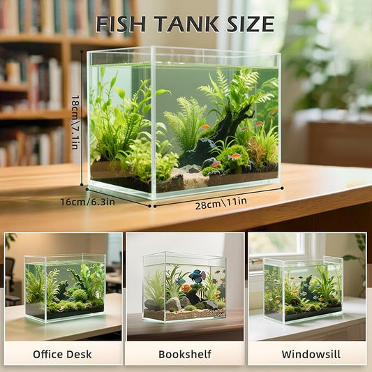 2 Gallon Glass Fish Tank, Nano Tank, Rimless Low Iron Aquarium for Betta/Goldfish/Snails/Shrimp and Aquatic Planting