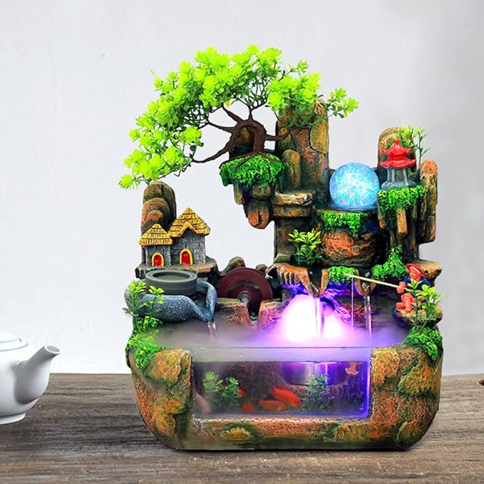 Tabletop Waterfall Fountain with Rockery, Mini Silent Indoor Ornament Desk Water Fountain Desktop Simulation Resin with Atomizer LED Small Fish Tank for Office Bedroom Home Decor Fisherman