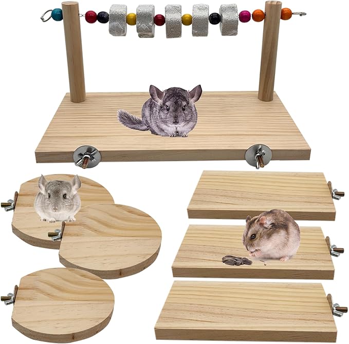 7 Pcs Chinchilla Ledges Wood Sets, Hamster Wooden Stand Platform with Lava Ledge Blocks Chew Toys Small Animal Cage Accessories for Rat Gerbil Guinea Pig Parrot Chipmunk Squirrel Mouse