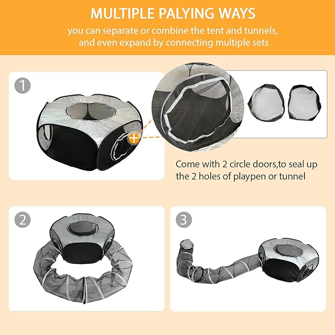 Small Animal Playpen with Tunnel–Pop-up Guinea Pigs Play Pen Foldable Outdoor and Indoor Pet Tent for Rabbits, Chinchillas and Ferrets