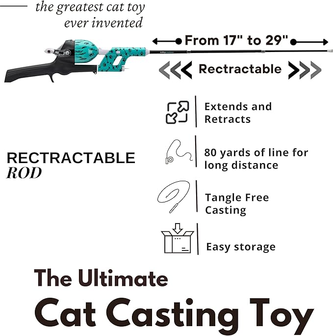 Cat Caster Fishing Pole Toy | Tangle Free & Easy to Store. Includes Two Interchangeable Teaser Toys | The Ultimate Gift for Kitty Lovers, Fish Bone