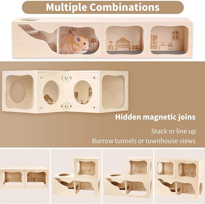 Marchul Hamster Hideout Wooden House Chamber Small Animals Pets Tunnel Exploring Toys for Dwarf Hamsters, Syrian Hamsters, Gerbils, Hedgehogs, Rats, Mice (Living Room)