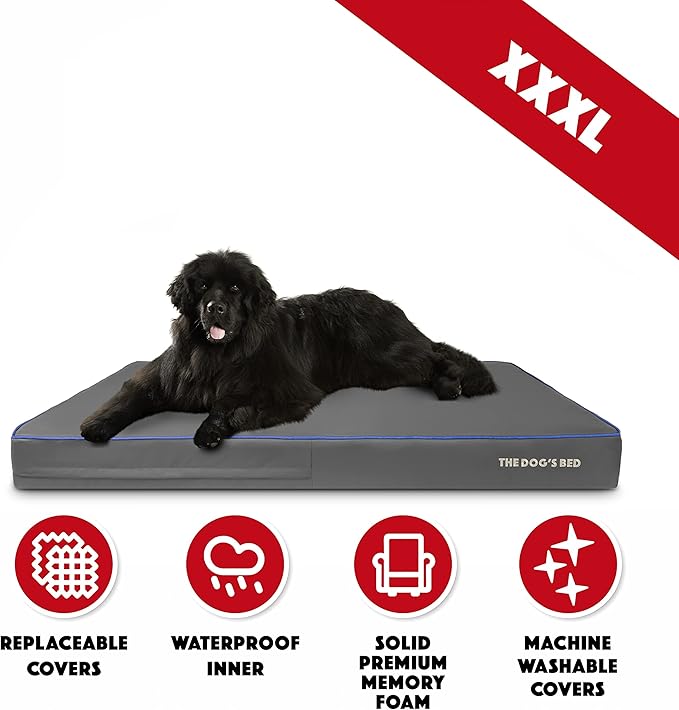 The Dog’s Bed Orthopedic Memory Foam Dog Bed, XXXL Grey/Blue 64x44, Pain Relief for Arthritis, Hip & Elbow Dysplasia, Post Surgery, Lameness, Supportive, Calming, Waterproof Washable Cover