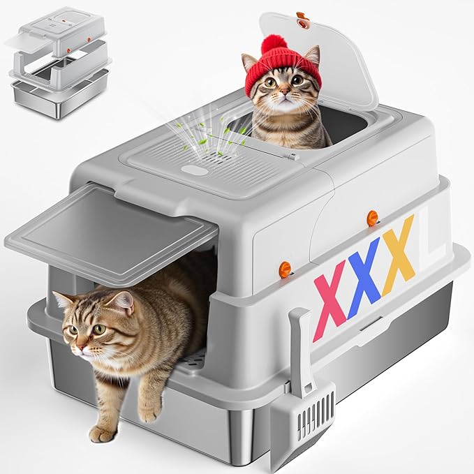 Stainless Steel Litter Box with Lid, 28" XXXL Large Enclosed Covered Cat Litter Box for Multiple Cats, Odor Control with Carbon Filters, Anti-Leak High Sided, Removable Lid &Scoop, Light Gray