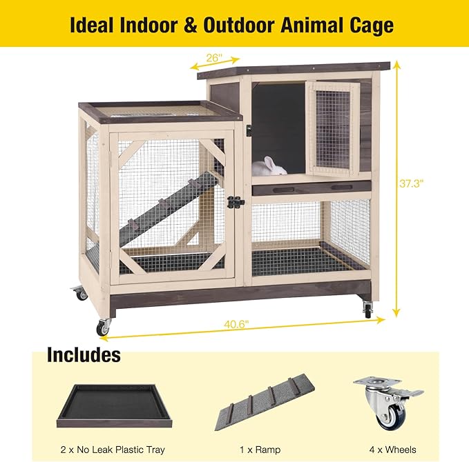 Rabbit Hutch Cage Outdoor and Indoor Bunny Hutch on Wheels with Two Deeper No Leak Trays, Guinea Pig Cages Rabbit House (Coffee Color)