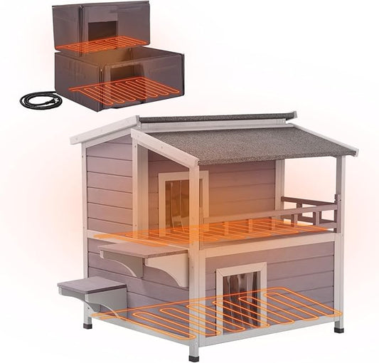 GUTINNEEN Heated Cat House for Outside, 2-Story Wooden Cat House Weatherproof for Winter Outdoor Feral Cat Shelter with Heater and Insulated Liner