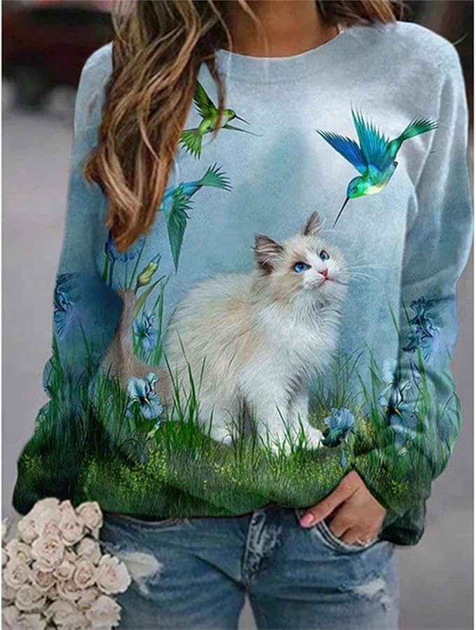IVERIRMIN Women's 3D Cute Cat Print Sweatshirt Casual Long Sleeve Crewneck Cute Cat Pullover Loose Fit Shirts