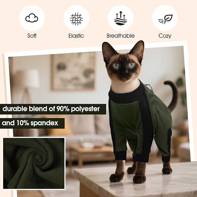 DENTRUN Cat Clothes with Anti-Shedding Fabric - Soft Recovery Suit & Breathable Lint-Resistant Cat Sweater for Wound Care & Hair Control, Kitten Onesie Pajamas, XL, Army Green