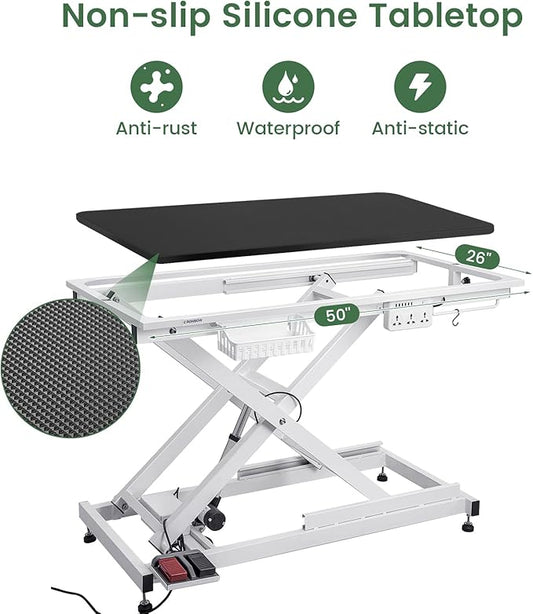 Electric Lift Pet Dog Grooming Table, 50Inch Height Adjustable Grooming Table for Large Dogs with Two Nooses, Wireless Remote, Tool Organizer, White