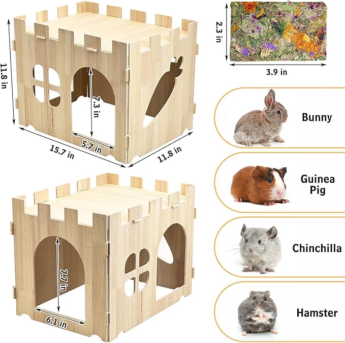 Fhiny Wooden Guinea Pig Hideout, Detachable Bunny Castle with 4 PCS Timothy Hay Chew Toys Guinea Pig Play Hideaway Cage Accessories for Indoor Rabbit Chinchilla Hedgehog Hamster Habitat