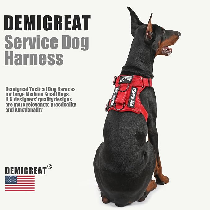 Demigreat Service Dog Harness, Reflective Dog Vest Harness with 5 PCS Patches, Adjustable Soft Oxford Pet Harness, Inner Layer Mesh, Easy to Control for Dogs (All-RED, Large (Pack of 1))