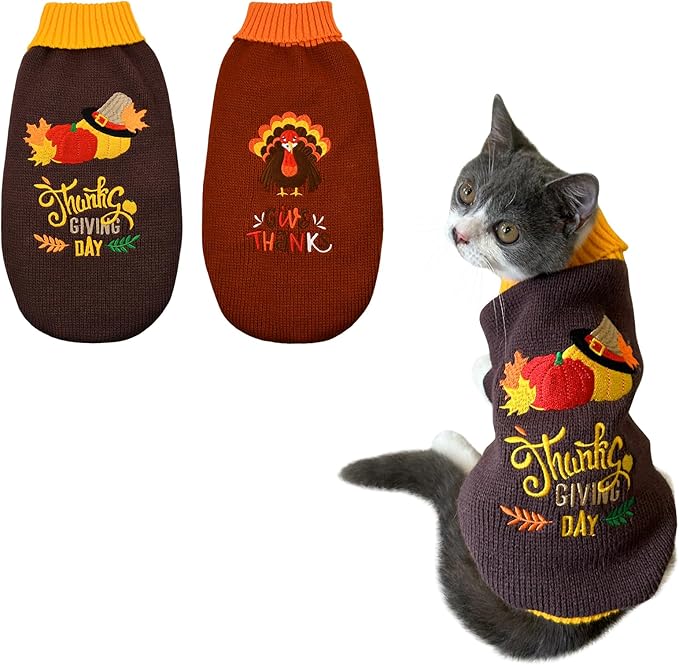 Vehomy 2Pcs Dog Cat Thanksgiving Sweaters Dog Pumpkin Turkey Sweaters Thanksgiving Dog Cat Turtleneck Knitwear Shirt Clothes Dog Puppy Halloween Costume Clothes for Small Medium Dogs Cats M