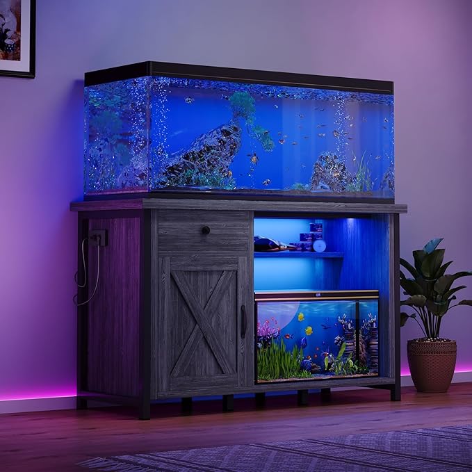4ever2buy 55-75 Gallon Fish Tank Stand with Power Outlets, LED Light, Heavy Duty Aquarium Stand with Cabinet for Fish Tank Accessories Storage, for Turtle Tank, Reptile Terrarium, 1100LBS, Gray