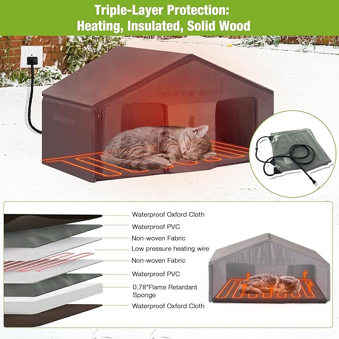 GUTINNEEN Heated Outdoor Cat House Insulated Feral Kitty Shelter Insulated Weatherproof Winter Outdoor Cat Shelter with Heated Pad and Insulated Liner,White and Black