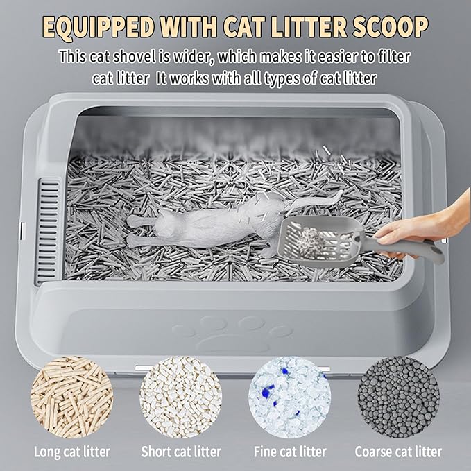 Stainless Steel Litter Box,Large Cat Litter Box with Cat Litter Mat,23.62 L×15.75 W×13.78 H,Heightened Fence Design,Easy to Clean, Odor-Free,Pet Toilet Supplies Wite Shovel