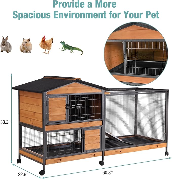 Rabbit Cage,Indoor Rabbit Hutch with Matel Frame and Pull Out Tray,Rabbit Hutch Chicken Coop with Run (Orange)
