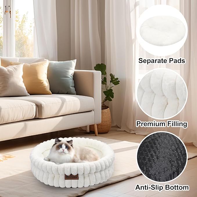 Cat Beds for Indoor Cats, Washable Round Bed for Small Dogs, Soft Pet Bed for Puppy and Kitten with Anti-Slip Bottom (White, 20in)