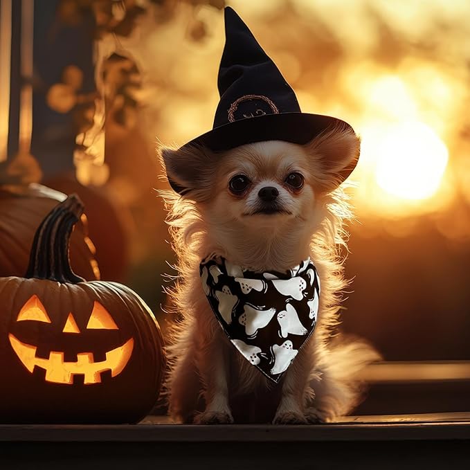 Dog Halloween Costumes Bandanas Black Ghost Spooky Holiday Bandana with Snap Button, Triangle Cat Neck Scarf, 5-30lbs, Small and Medium Breed