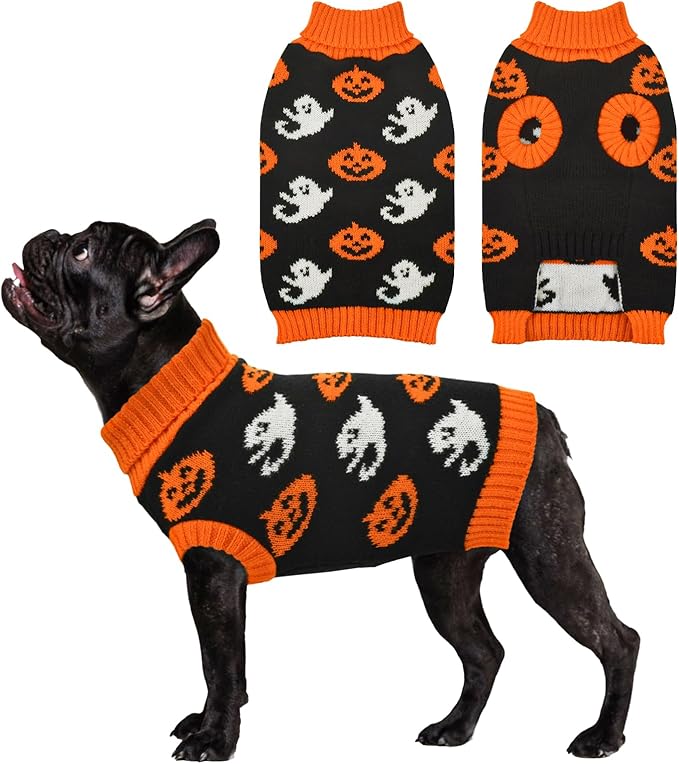 Vehomy Dog Halloween Sweater Pet Pumpkin Ghost Costume Cat Pumpkin Turtleneck Knitwear Shirt Pullover Dog Puppy Halloween Sweaters Clothes Outfits for Cats Small Medium Large Dogs M