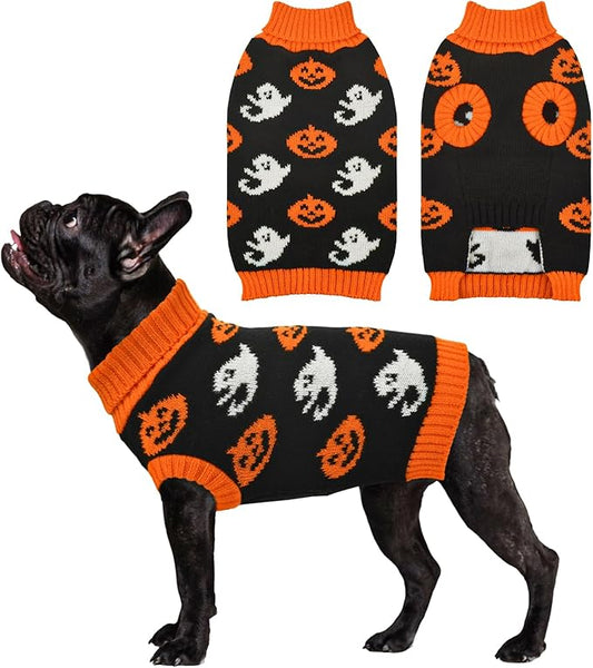 Vehomy Dog Halloween Sweater Pet Pumpkin Ghost Costume Cat Pumpkin Turtleneck Knitwear Shirt Pullover Dog Puppy Halloween Sweaters Clothes Outfits for Cats Small Medium Large Dogs M