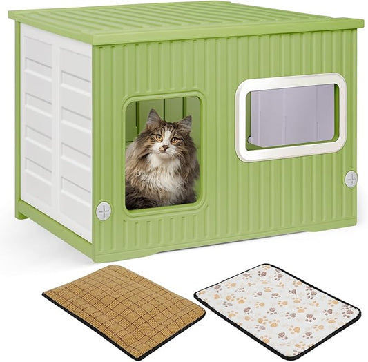 Plastic Cat House for Outdoor Indoor Use, Stackable Feral Cat Shelter Indoor Cat House Weatherproof Waterproof Elevated, with 2-Sided Cushion (Green White)